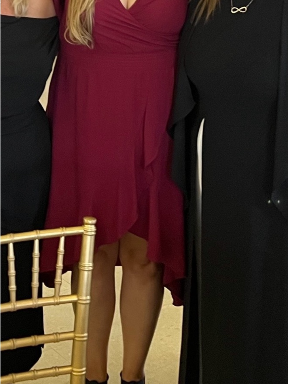 High-Low V-Neck Ruffle Dress in Burgundy